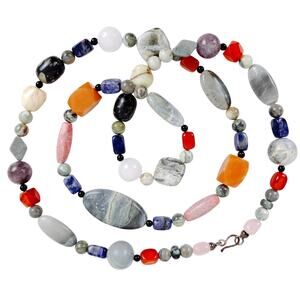 Vintage Gemstone Long 35" Necklace Carnelian Rose Quartz Agate Boho Colorful